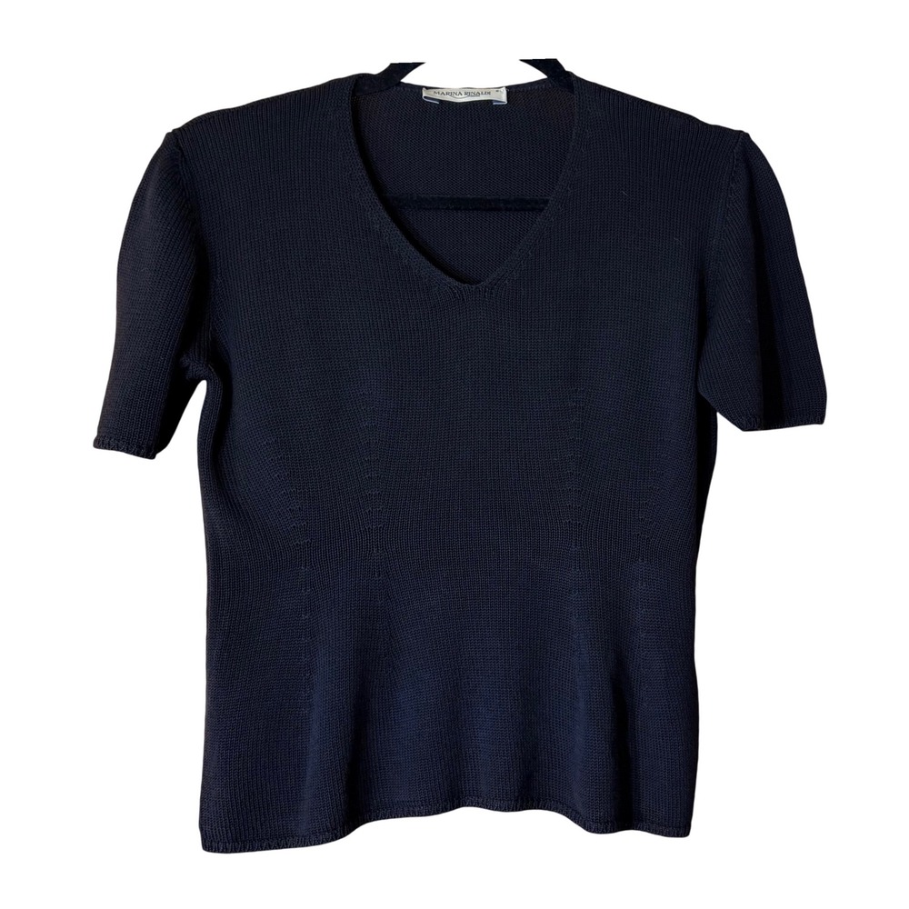 Marina Rinaldi Womens Short Sleeve V Neck Knit Top Made In Italy Cotton Black‎